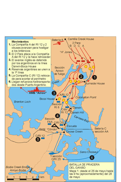 Situación del 26 de mayo hasta la mañana del 28 con el avance argentino y ataque británico que se detiene